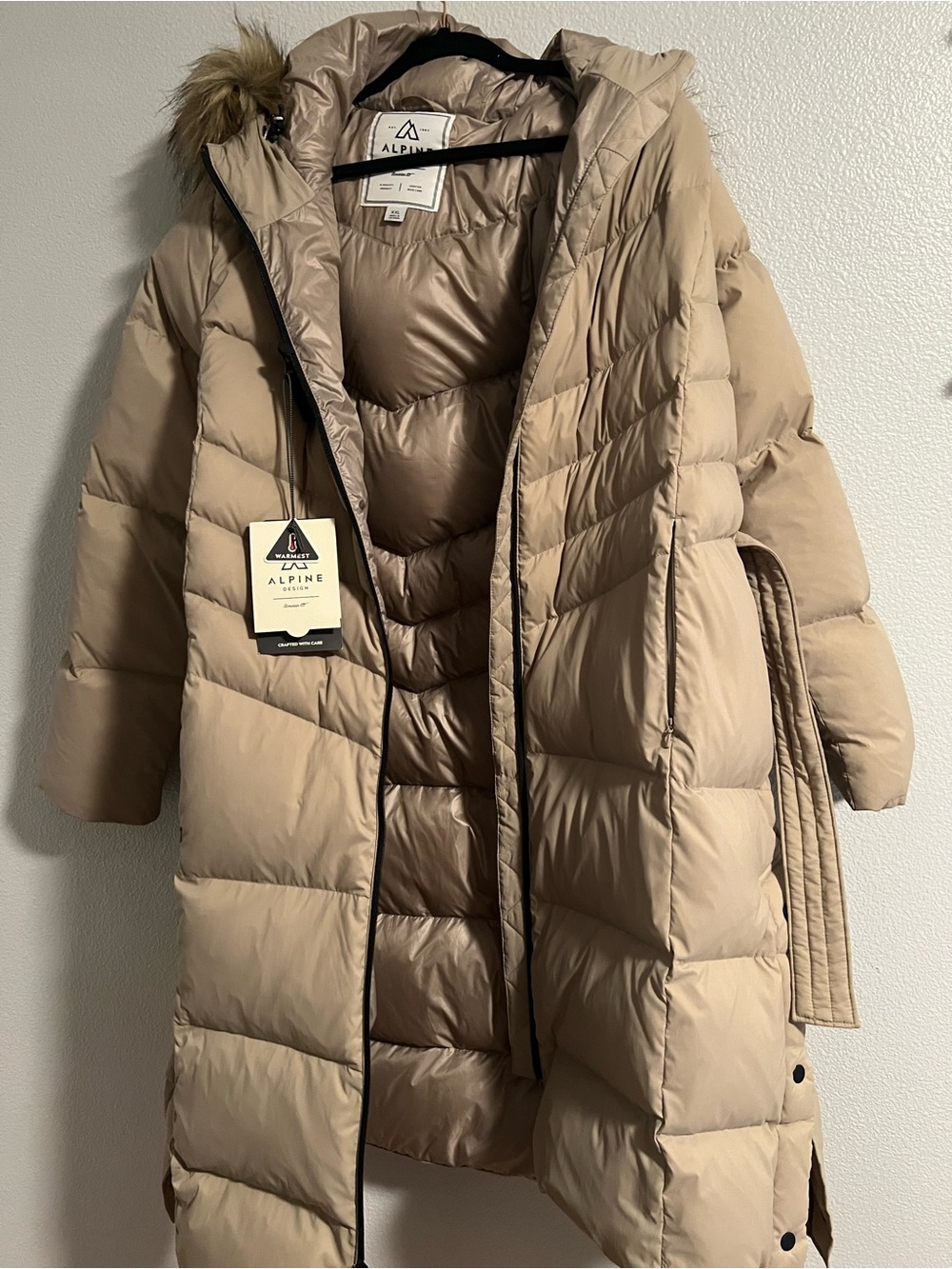 Alpine Design Women's Long Puffer Coat in Beige with Fur-Trim Hood